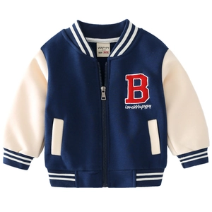 Navy and beige boys' varsity jacket with red letter B embroidery and ribbed trim
