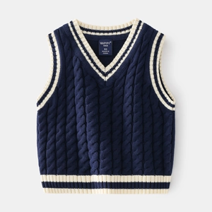 Classic navy blue V-neck cable knit sweater vest for boys with white stripe ribbing details