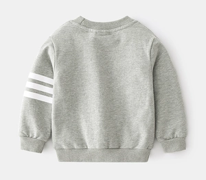 Close-up of gray cotton sweatshirt featuring white stripes on long sleeves and ribbed cuffs