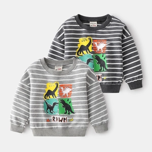 Kids Boys Striped Dinosaur Print Sweatshirt Casual Cotton Blend Long Sleeve Crew Neck Pullover Toddler Fashion Top