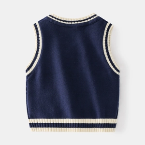 Navy blue knitted vest for boys with classic ivory striped ribbed edges for spring