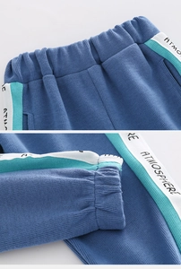 Detail of blue knit jogger pants featuring ribbed texture and logo side stripes