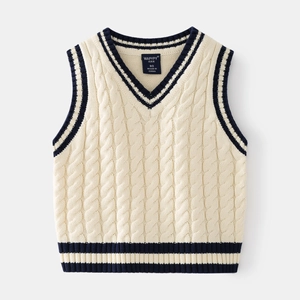Classic cream cable knit V-neck sweater vest with navy blue stripe accents for boys