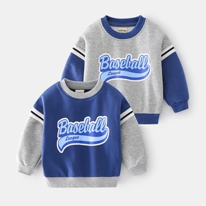 Boys Sports Sweatshirt Fake Two Piece Fleece Lined Pullover Top Baseball League Letter Print Winter Warm Kids Casual Clothing