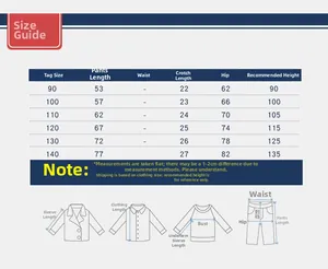 Size chart for boys' cargo pants showing length and height from size 90 to 140