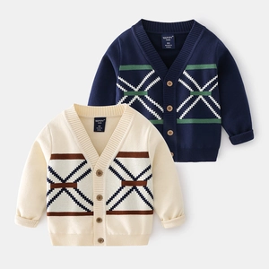 Boys Knitted Cardigan Sweater V Neck Geometric Print Cotton Blend Long Sleeve Outerwear Fall Fashion Toddler Clothes