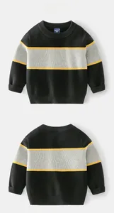 Detail of color-block striped kids sweater featuring ribbed cuffs and neckline