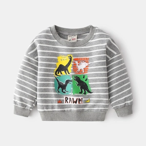 Kids grey striped long sleeve sweatshirt featuring cute cartoon dinosaurs and RAWR text