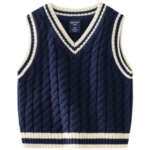 Classic cable-knit navy V-neck vest for boys with white striped trim in premium knitwear