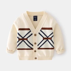Kids V-neck knit cardigan with beige diamond pattern and vintage wooden buttons