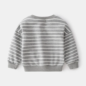 Classic grey and white striped kids sweatshirt with ribbed cuffs in a flat lay back view