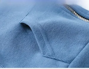 Close-up of blue knitted fabric texture and pocket detail on children vest jacket
