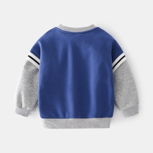 Royal blue children fleece hoodie with grey ribbed patchwork and sporty sleeve stripes