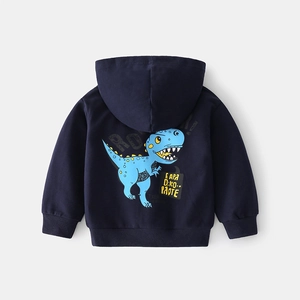 Navy blue kids dinosaur hoodie with cartoon roar print and rib cuffs on plain background