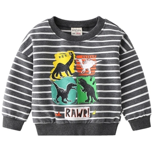 Kids grey and white striped sweatshirt featuring four colorful cartoon dinosaur prints