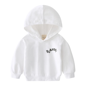 Kids white dinosaur hoodie with black ROAARR print and ribbed cotton knit fabric