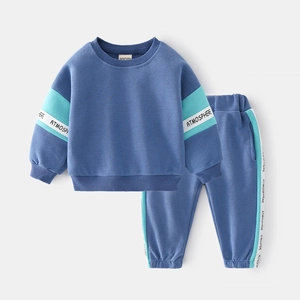 Boy's casual long sleeve sweatshirt and joggers set in blue with mint green side stripes