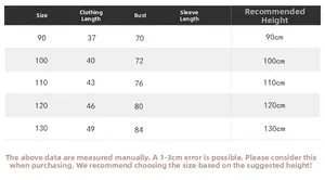 Size chart for children's vest showing length and chest measurements for sizes 90 to 130cm