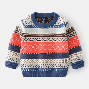 Thick geometric jacquard knit sweater for boys featuring vintage Nordic patterns
