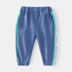 Boy's casual blue joggers with side stripe letter print and elastic waist for autumn