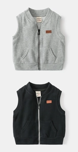 Detail of gray and black cotton vests featuring metal zipper and ribbed stand collar