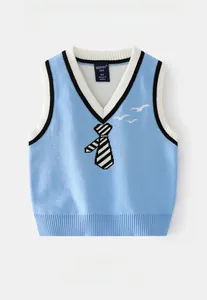 Close-up of sky blue boys' V-neck knit vest with striped necktie and embroidered seagull