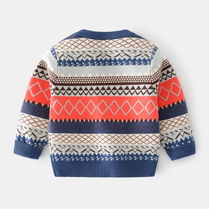 Detailed back view of a boys knitted sweater with colorful Fair Isle geometric patterns