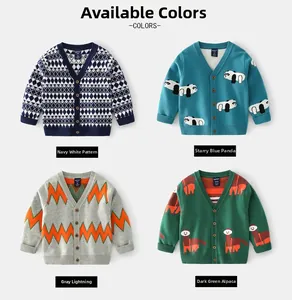 Detail showing four styles of boys' V-neck knit cardigans with patterns and wood buttons