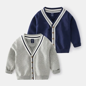 Gilet en Maille pour Garçons en Mélange de Coton Col en V Bordure à Rayures Manches Longues Simple Boutonnage pour Enfants