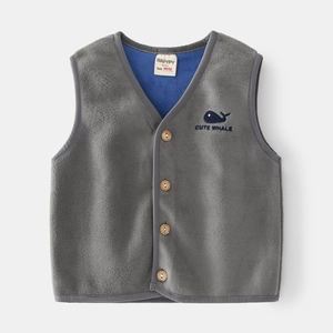 Thick double-sided polar fleece kids vest in grey with blue lining and button closure