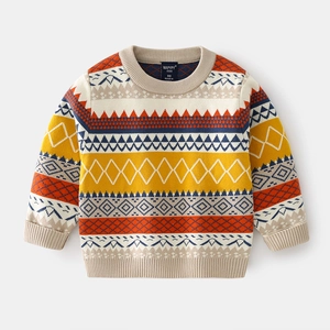 Toddler boys thick knit pullover sweater with colorful Nordic geometric jacquard pattern