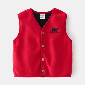 Kids red fleece vest with whale embroidery and buttons for autumn and winter warmth