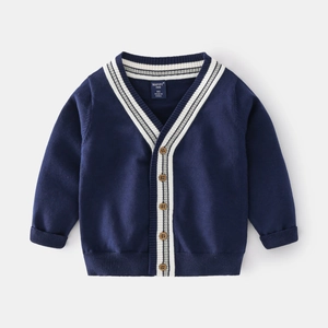 Cardigan classique en maille bleu marine pour garçons avec col en V et rayures
