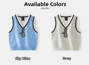 Detail view of V-neck knitted vests for boys featuring blue and grey stripe patterns