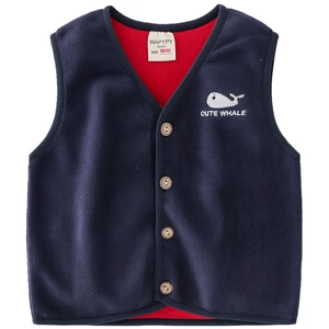 Kids navy blue double-sided fleece vest with red lining and cute whale embroidery