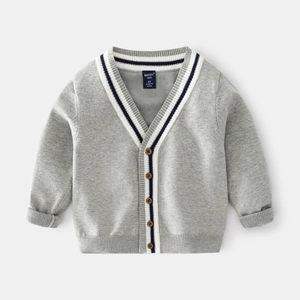Cardigan en tricot gris pour garçons avec col en V et rayures de style collège