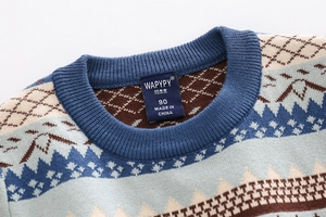 Close-up of the round neckline and colorful jacquard texture of the knitted sweater