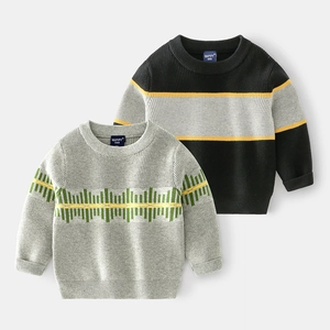 Boys Casual Cotton Blend Knit Sweater Fashion Color Block Striped Round Neck Long Sleeve Pullover Autumn Winter Kids Top