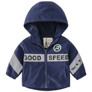 Thick navy blue hooded jacket for boys featuring 'GOOD SPEED' prints and warm lining