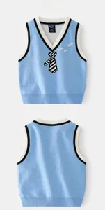 Front and back detail of a light blue V-neck knitted vest with tie and bird embroidery