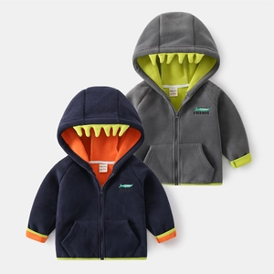 Boys Thickened Hooded Fleece Jacket Cartoon Dinosaur Design Contrast Color Long Sleeve Zipper Sweatshirt Warm Outerwear Coat