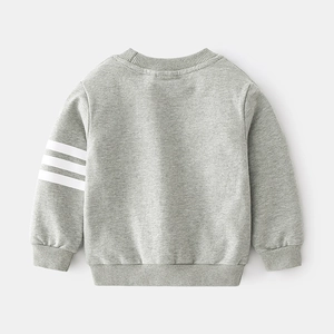 Gray boys' casual sweatshirt with white stripes on long sleeve and ribbed crew neck