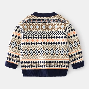 Classic Fair Isle boys' knit sweater with geometric diamond patterns and ribbed cuffs