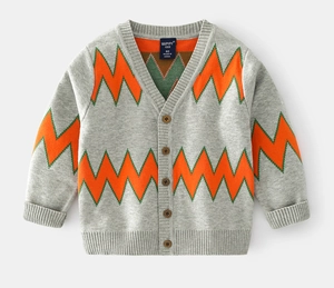 Close-up of grey V-neck knit cardigan with orange and green zigzag patterns and wood buttons