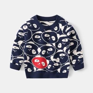 Dunkelblauer Kinder-Strickpullover mit Panda-Mustern und elastischen Rippbündchen