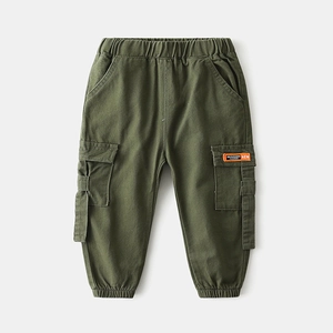 Army green cargo pants for boys featuring elastic waist and stylish side pocket label