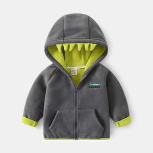 Kids dinosaur-themed gray fleece hooded jacket with bright green lining and zip closure
