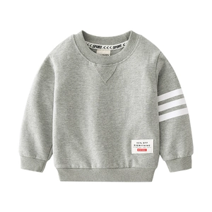 Grey boys' crewneck sweatshirt with three white stripes and cotton ribbed cuffs