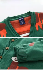 Close-up of V-neck collar and wooden buttons on kids green giraffe knit cardigan