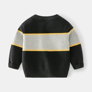 Boys round neck knit sweater with black grey and yellow color block stripes for autumn winter